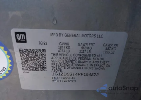 2023 Chevrolet Malibu Fwd 1Lt z USA, uszkodzony, nr VIN 1G1ZD5ST4PF194872